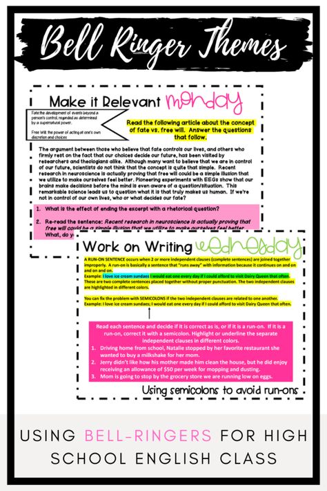 High School Bell Ringers English, Bellringers For High School, High School English Bell Ringers, Teaching College English, Bell Ringers For High School English, High School Bell Ringers, High School Ela Activities, Bell Ringers For High School, High School Writing Activities