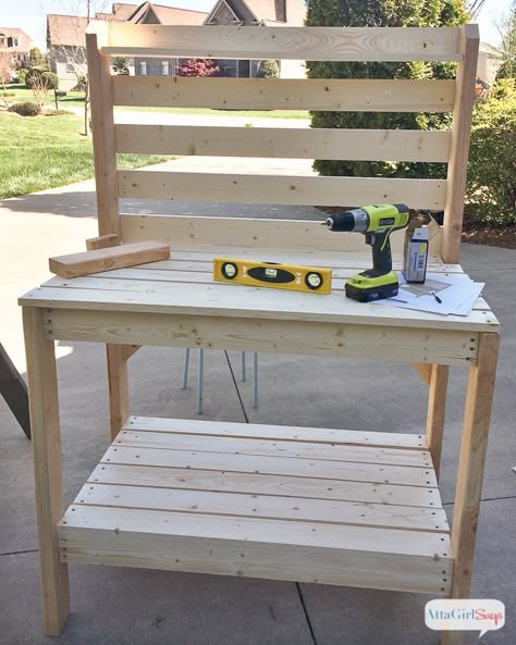 Inspired by a $2,000 Pottery Barn hutch and server, we built this outdoor buffet table for around $150. A project like this is easier than you think. We are beginners, and this is our first building project! Potting Benches Diy, Outdoor Buffet Tables, Garden Work Bench, Benches Diy, Pallet Potting Bench, Diy Potting Bench, Potting Bench Ideas, Pallet Patio Furniture Diy, Garden Diy Furniture