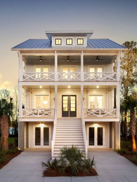 Beach House Plans On Stilts, House Plans On Stilts, Raised Beach House, Coastal Cottage House Plans, Stilt House Plans, Exterior Beach House, Coastal Home Exterior, Beach House Floor Plans, Elevated House