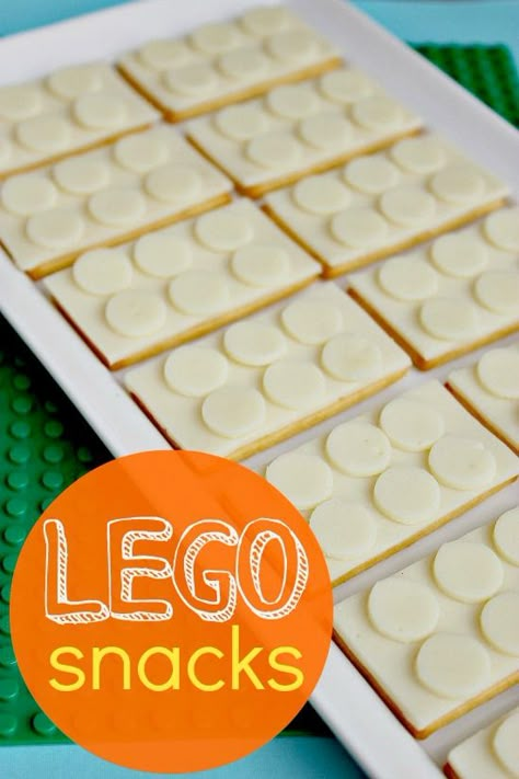 Lego Cheese & Cracker Snacks for Kids (cut circles with the wide end of a frosting tip).  kids party food and snacks.  boys birthday.  entertaining for kids.  party favors.  dessert table. Lego Snacks, Kids Cooking Party, Lego Food, Lego Themed Party, Birthday Party Snacks, Snacks For Kids, Lego Birthday Party, Kids Party Food, Cracker Snacks