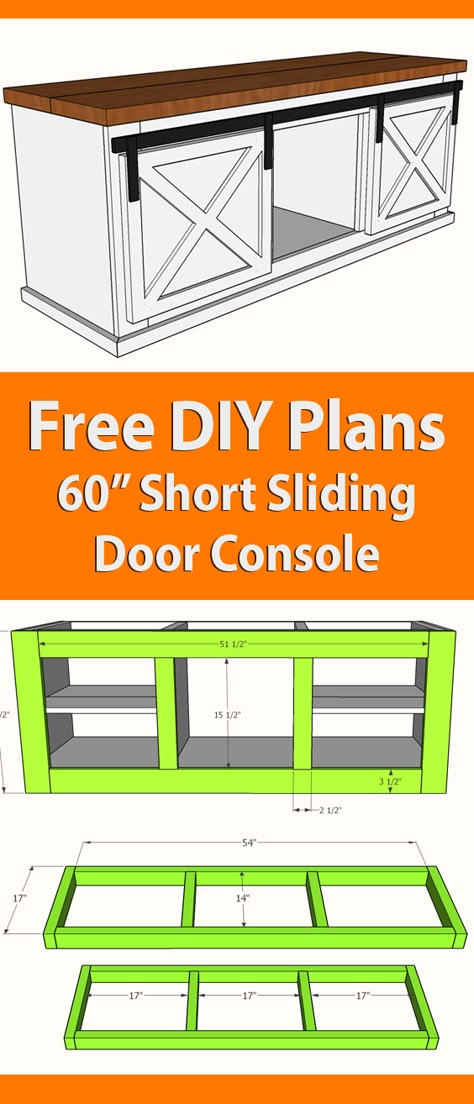 Tv Console Building Plans, Tv Stand Blueprints, Barn Door Tv Console, Tv Stand Plans, Barn Door Console, Diy Console, Diy Projects Plans, Diy Sliding Barn Door, Woodworking Basics