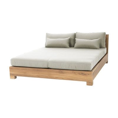 Elevate your outdoor lounging experience with this generously scaled daybed made from solid grade-a teak. Handcrafted and finely sanded to a satin finish, the Dalewood daybed features mortise and tenon carpentry that will last decades. Some assembly is required. Cushion Color: Natural Sunbrella® | Foundry Select Dalewood Teak Patio Daybed w / Sunbrella Cushions Wood / Natural Hardwoods / Sunbrella® Fabric Included in Brown / White | 16 H x 63.5 W x 72 D in | Wayfair Outdoor Platform Bed, Outdoor Bed Ideas, Coastal Cabin, Poolside Furniture, Daybed Cushion, Patio Daybed, Sleeping Porch, Soul Contract, Bedroom Porch