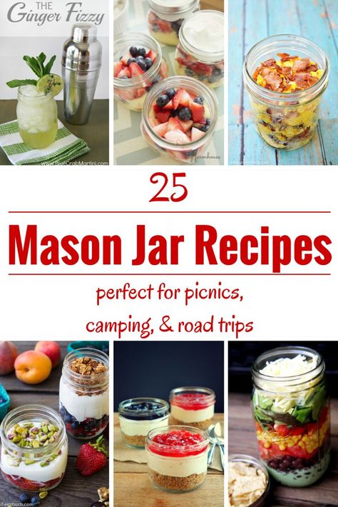 Planning a picnic?  Going camping?  Want to take a road trip without spending a ton on food?  Try some of these 25 easy and awesome mason jar recipes for your next outing! Mason Jar Recipes, Planning A Picnic, Healthy Camping Food, Jar Meals, Jar Salads, Mason Jar Desserts, Best Camping Meals, Jar Recipes, Jar Food