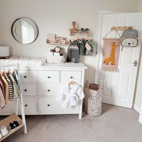 Ｍｏｔｈｅｒｈｏｏｄ on Instagram: "☁️🦒 I just love all the finishing touches we’ve made to Teddy’s nursery 🤍👶🏼☁️ Wall tapestry @nordicnest Hanging rail @nordicnest Backpack @my1styears Storage bag @hmhome Drawers @ikeauk Shelves @amazon Changing mat @raradoey Mirror @bm_stores Clothes rail @argos #nursery #nurserydecor #nurseryinspo #nurserydesign #nurseryideas #safarinursery #neutraldecor #neutralhome #neutralnursery #mum #mumlife #mumquotes #mumlifeuk #mummybloggeruk #mummyblogger" Teddy Storage, Teddy Nursery, Mum Quotes, Nursery Storage, Nursery Inspo, Clothes Rail, Safari Nursery, Changing Mat, Hanging Rail