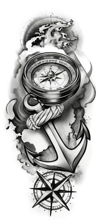 Ship Anchor Drawing, Tattoo Ideas For Men Sleeve Art Designs, Anchor Tattoo For Men Leg, Men Compass Tattoo Ideas, Anchor Tattoo Design For Men, Anchor Tattoo Stencil, Compass Tattoo Design Men, Tattoo Compass Men, Compass Tattoo Stencil