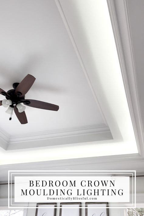 Moulding Lighting, Tray Ceiling Lighting Ideas, Crown Molding Tray Ceiling, Wood Tray Ceiling, Tray Ceiling Lighting, Ceiling Molding Ideas, Crown Molding Lights, Modern Crown Molding, Tray Ceiling Ideas