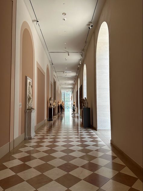 Checkered floors, long hallway, museum, the met museum, The met museum aesthetic, new york city aesthetic, fall, checkered floors, checkerboard floor, neutral interior design, architecture, whimsical interior design Stone Checkered Floor, Checkered Terracotta Floor, Black And Tan Checkered Floor, Brown Checkerboard Floor, Vintage Checkered Floor, Brown And Beige Checkered Floor, Wood Checkered Floor, Tan And White Checkered Floor, Conservatory Kitchen Extension