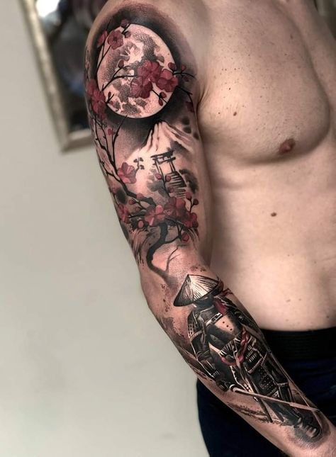 Japanese Samurai Tattoo Forearm, Full Mens Sleeve Tattoo, Tattoo Ideas For Men Sleeve Japanese, Red Samurai Tattoo, Tattoo Sleeve Samurai, Sleeve Tattoos Japanese Mens Arm, Tattoo Ideas For Men Forearm Japanese, Japanese Temple Sleeve Tattoos, Japan Tattoo Arm Men