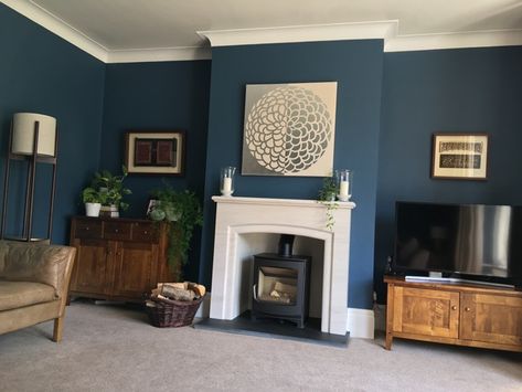 Teal Wall White Fireplace, Teal Sitting Room Ideas, Midnight Teal Dulux Heritage, Midnight Teal Living Room, Dulux Midnight Teal, Heritage Blue Paint, Dulux Sapphire Salute Living Rooms, Midnight Blue Living Room Ideas, Teal Sitting Room