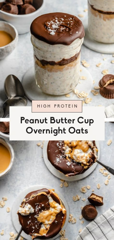 Incredible high protein peanut butter cup overnight oats with a delicious chocolate peanut butter shell for the ultimate breakfast treat! This peanut butter overnight oats recipe packs 20g of protein and almost 10g of fiber for a super satisfying, filling, and nutrient-dense way to start your day. #oatmeal #breakfast #overnightoats #healthybreakfast #glutenfree Peanut Butter Cup Overnight Oats, High Protein Peanut Butter, Protein Peanut Butter, Best Overnight Oats Recipe, 20g Of Protein, Peanut Butter Overnight Oats, Protein Overnight Oats, Oat Recipes Healthy, Overnight Oats Recipe Healthy