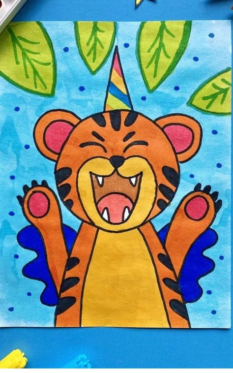 Tiger Drawing For Kids, Kids Drawing Projects, Basic Drawing For Kids, Scenery Drawing For Kids, Stick Figure Drawing, Easy Drawings For Kids, Book Illustration Art, Basic Drawing