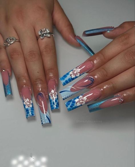 #follow #acrylicnails #nailsofinstagram #nails #nailart #beautyblog #longnails #blogging #blogger #blog Unique Nail Inspo Acrylic, Long Acrylic Summer Nails, Blue And Pink Summer Nails, Nail Art Designs Blue And White, 2024 Summer Nail Ideas, Dominican Republic Nails, Trendy Baddie Nails, Summer Long Nail Ideas, Tenerife Nails