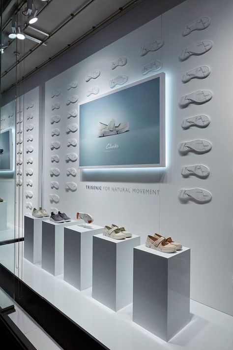 CLARKS, Regent Street, London, UK, "Trigenic for Natural Movement", creative by Harlequin Design, pinned by Ton van der Veer Shoe Store Design, Clothing Store Interior, Window Display Design, Store Window, Retail Store Design, Shoe Display, Boutique Interior, Retail Interior, Store Design Interior