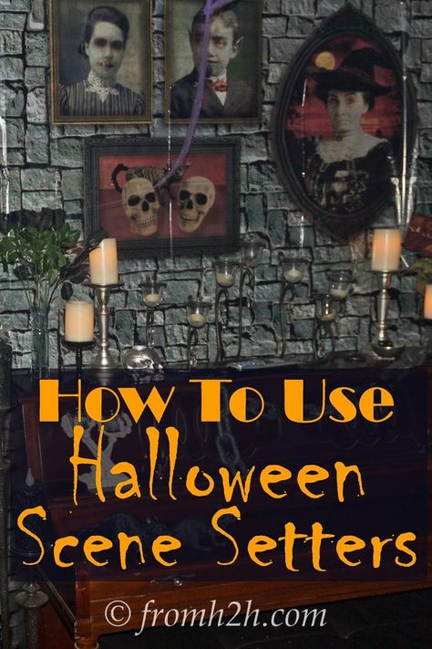 This tutorial for hanging Halloween scene setters is the BEST! This stone wall scene setter changes the whole look of the room. I can't wait to try it for my Halloween party this year. Pinning!! Seance Room Halloween, Haunted House Set Design, Haunted House Walls Diy, Asylum Party, Spooky Halloween Castle, Halloween Scene Setters, Dungeon Ideas, Halloween Lighting, Halloween Scenes