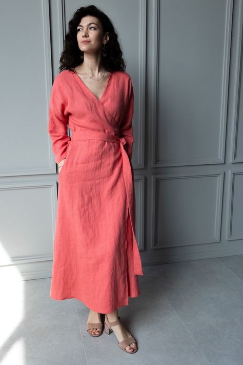 Linen Wrap Dress Summer Linen Dress Deep V Linen Dress Long | Etsy Coral Wrap Dress, Lenin Dress, V Neck Linen Dress, Plus Size Linen Dress, Wrap Dress Summer, Fancy Gown, Dress Deep V Neck, Winter Mode Outfits, Long Wrap Dress