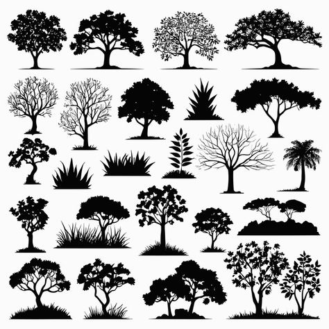 Tree silhouettes drawing collection hand... | Premium Vector #Freepik #vector #tree #black #flat #plants Tree Silloutes Simple, Treeline Silhouette, Silhouettes Drawing, Rodeo Art, Architecture Elements, Silhouette Tree, Trees Silhouette, Drawing Collection, Cartoon Trees