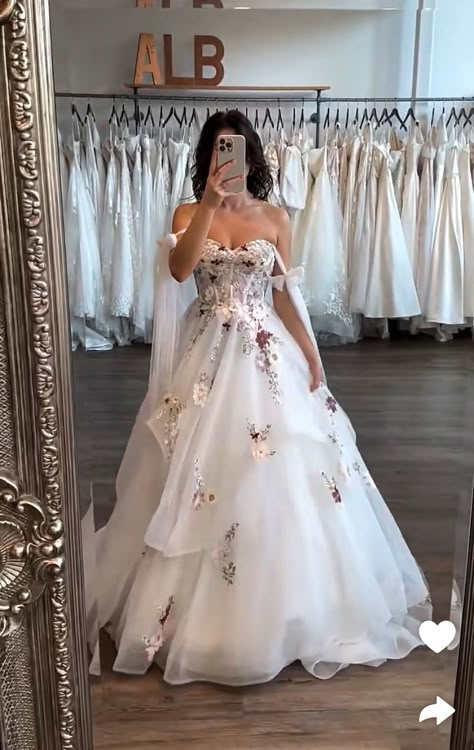 Unique Floral Wedding Dresses, White Wedding Dress With Flowers, Non White Wedding Dress Colour, Fairytale Aesthetic Wedding Dresses, Wedding Dress With Color Accents, Fantasy Wedding Dress Faeries, Whimsical Wedding Dress Fairies, Floral Wedding Dress Colored, Wedding Aesthetic Dress