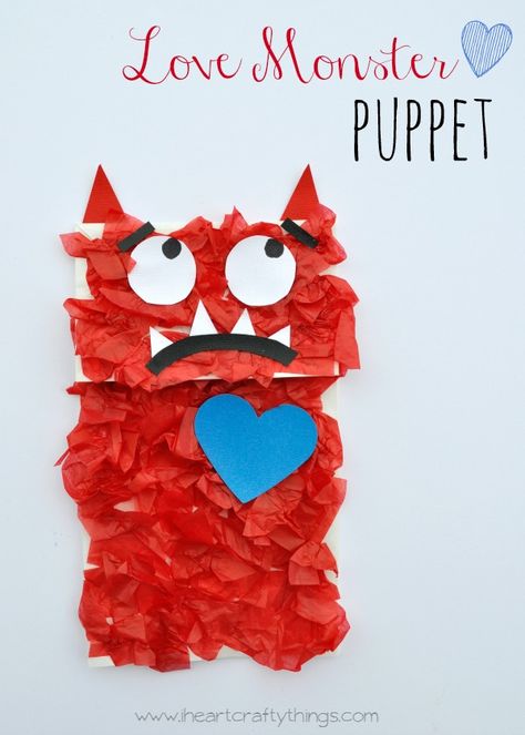 Love Monster Paper Bag Puppet to go with the book Love Monster. Fun kids craft for Valentine's Day. | from iheartcraftythings.com Monsters Love Colors Activities, The Love Monster Craft, Valentines Day Book And Craft, Monster Paper Bag, Love Monster Craft, Love Monster Art Lesson, Valentines Love Monster Craft, Puppet Paper, Monster Puppet