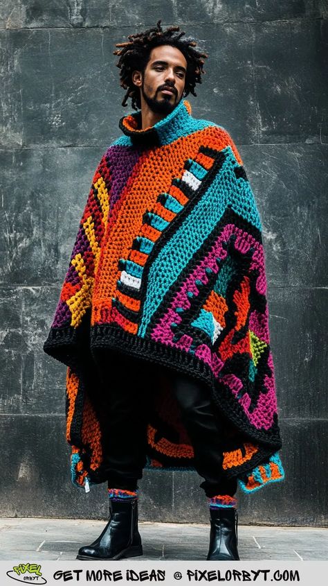 46 Top Sensational Crochet Ponchos: A Timeless Pattern for Every Occasion - Pixel Orbyt Crochet For Him, Poncho Ideas, Native Outfits, Poncho Men, Mens Poncho, Learning To Knit, Poncho Patterns, Gq Fashion, Crochet Poncho Patterns