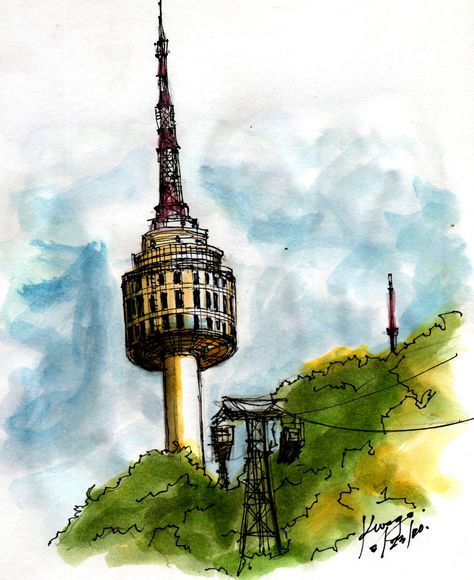 Korea Drawing Seoul, Seoul Art Drawing, Namsan Tower Drawing, Seoul Tower Drawing, Seoul Watercolor, Seoul Drawing, Tower Sketch, Tower Drawing, Sketching Watercolor