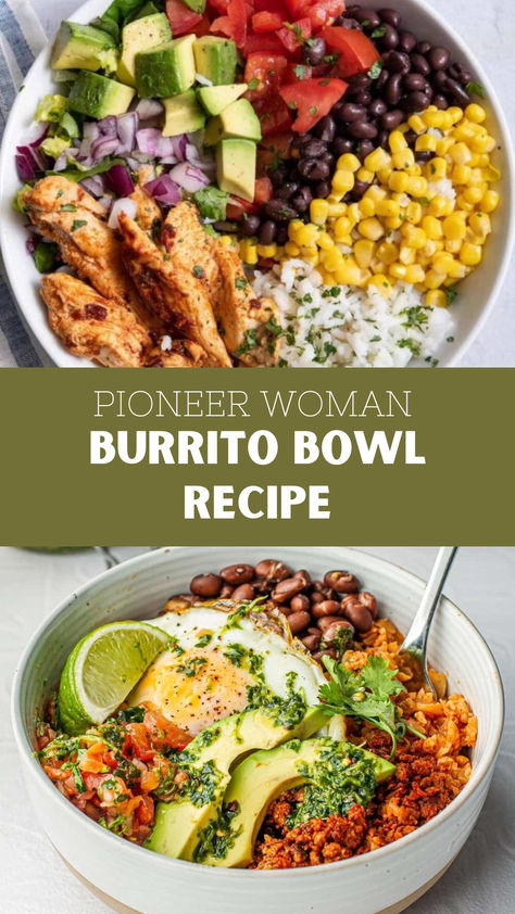 Pioneer Woman Burrito Bowl Recipe Pancheros Rice Bowl, Valencia Diet, Pioneer Woman Dinner, Mexican Rice Bowl, Mexican Bean Salad, Mediterranean Chicken Recipes, Burrito Bowl Recipe, Jicama Slaw, Rice Black Beans