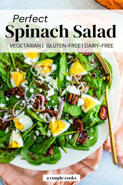 This classy spinach salad is a salad to impress! Smoky pecans and a creamy balsamic vinaigrette make the best counterpoint to this leafy green. #spinachsalad #bestspinachsalad #easyspinachsalad #perfectspinachsalad #dressing #balsamicdressing #balsamicvinaigrette #greensalad #sidedish Salad Spinach Recipes, Spinach Cranberry Salad, Spinach Egg Salad, Spinach Salads, Spinach Salad Dressing, Creamy Balsamic Vinaigrette, Honey Balsamic Dressing, Creamy Balsamic Dressing, Spinach Salad With Chicken