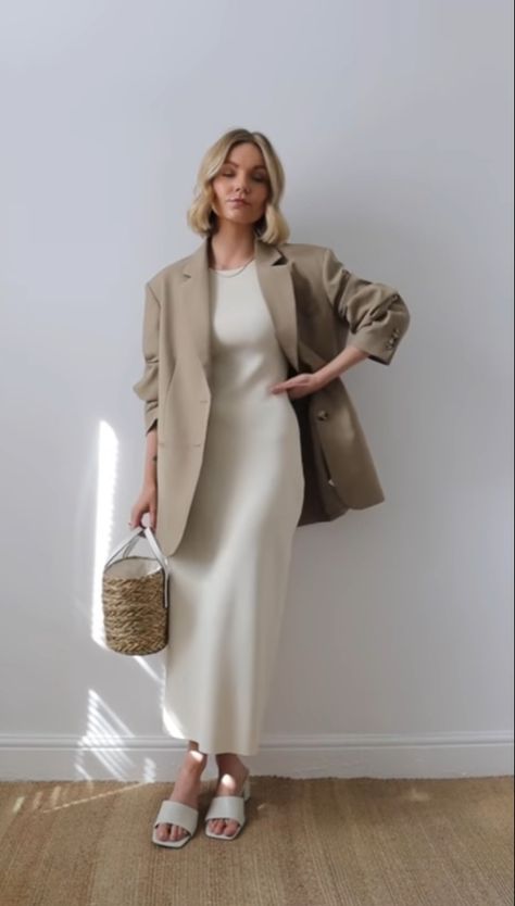 Blazer Outfits For Women Dress, Casual Dress With Blazer, Modest Work Dresses, Neutral Outfit Inspiration, Chic Beige Maxi Skirt, Beige Abaya Hijab Outfit, Chic Beige Ribbed Midi Dress, Hijabi Neutral Outfits, Spring Capsule Wardrobe 2022