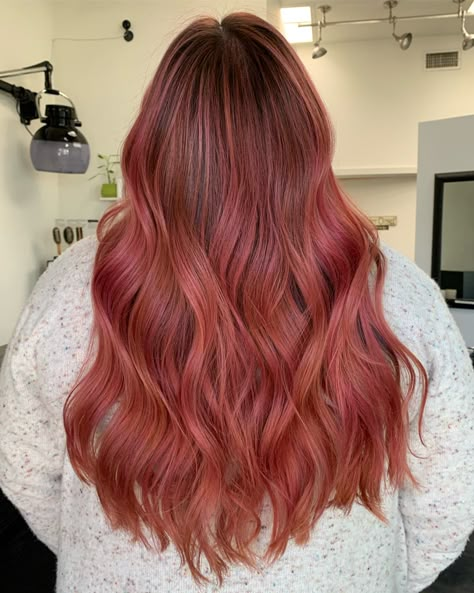 Copper Hair Purple Highlights, Copper With Pink Highlights, Copper To Pink Hair, Pink Hair Over 40 For Women, Rose Ginger Hair, Auburn Pink Hair, Auburn Hair With Pink Highlights, Pink Auburn Hair, Dark Peach Hair Color