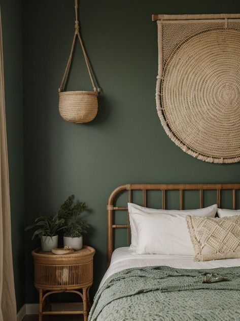 Create a boho-inspired bedroom with a statement dark green accent wall. Add natural elements like a woven rattan headboard and macrame wall hangings for a cozy and earthy vibe. Bedroom With Forest Green Accents, Dark Green Boho Room, Forest Green Walls Bedroom, Fern Green Bedroom Walls, Green Color Room Ideas Bedroom, Boho Rattan Bedroom Ideas, Neutral Green Accent Wall, Accent Wall Dark Green, Dark Green Bedroom Boho