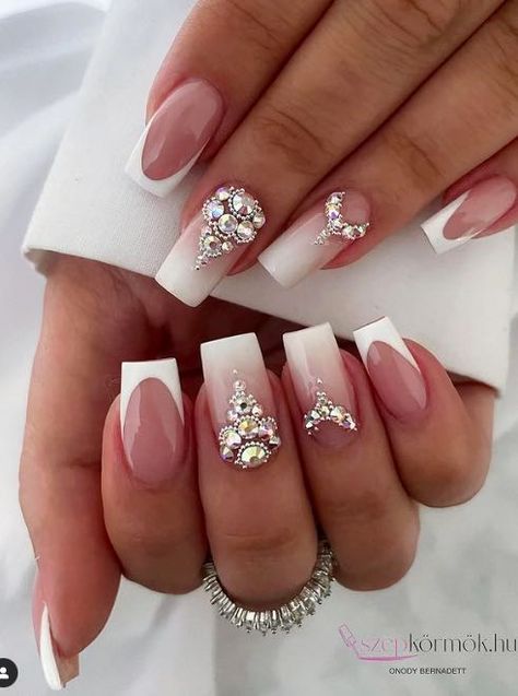 Elegant Nail Ideas for Your Wedding Day – best 4 crafts.com Royal Wedding Nails, I Do Nails For Bride, French With Sparkle, White Design Acrylic Nails, French Tip With Jewels, French Nails Wedding, Nail Jewel Design, Bling Wedding Nails, Elegante Nail