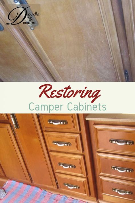 Restoring Vintage Camper Cabinets - DoodleDog Designs Primitives Camper Kitchen Cabinets, Camper Cabinets, Rv Cabinets, Restore Wood, Camper Kitchen, Brick Material, Diy Kitchen Projects, Diy Kitchen Countertops, Diy Kitchen Remodel