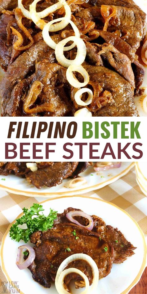 Learn how to make a succulent Filipino Bistek recipe. Thinly-sliced sirloin smothered in a rich gravy. Only 5 grams net carbs each! Beef Steak Tagalog, Filipino Bistek Recipe Beef, Beef Pinoy Recipe, Easy Filipino Food, Bistek Recipe Filipino Dishes, Keto Filipino Recipes, Pinoy Bistek Recipe, Filipino Bistek Recipe, Beef Steak Filipino