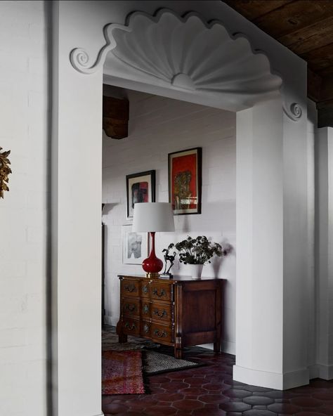 Spanish Style Office, Spanish Office, Trim Inspiration, Style Hacienda, Saltillo Tile Floor, Fortuny Fabric, Rainn Wilson, Saltillo Tile, Wood Gate