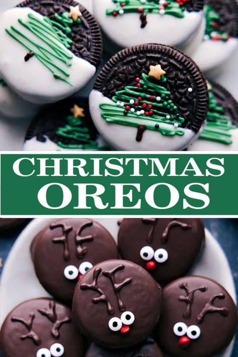 Christmas Oreos made four different ways: to look like a decorated Christmas tree, melted snowman, Rudolph the red-nosed reindeer, or festive ornaments! #dessert #best #quick #easy #simple #festive #christmastree #christmastreats #christmas #oreos Oreo Santa Hats, Holiday Oreo Cookie Pops, Christmas Treats Oreos, Santa Claus Oreo Cookies, Oreo Christmas Tree, Christmas Oreo Cookies Decorated, White Chocolate Dipped Oreos Christmas, Christmas Oreos Ideas, Christmas Cookies With Oreos