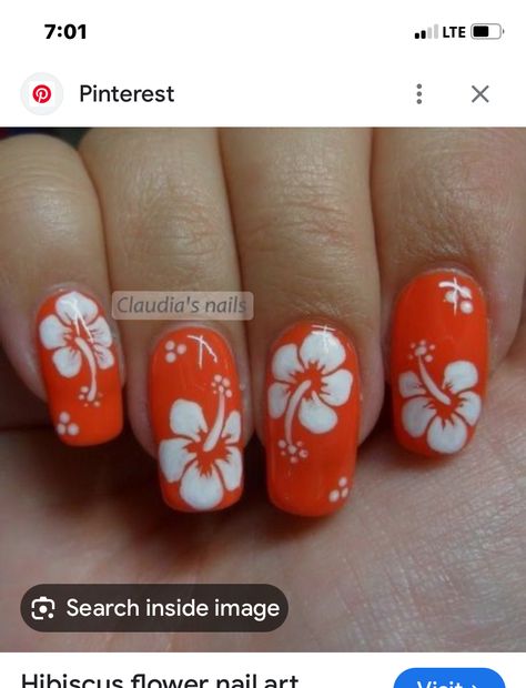 Hibiscus Flower Nails With French Tips, Hibiscus Nail Art Almond, Hibiscus Nail Art Short Nails, Easy Hibiscus Nail Art, Almond Nails With Hibiscus Flower, Hibiscus Flower Nails Orange, Hibiscus Nail Art, Beachy Nail Designs, Hawaiian Flower Nails