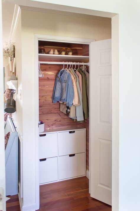 Cedar Coat Closet Makeover - Shades of Blue Interiors Ikea Shoe Storage Cabinet, Entry Way Closet Makeover, Coat Closet Storage, Coat Closet Makeover, Coat Closet Ideas, Coat Cupboard, Ikea Shoe Storage, Small Coat Closet, Ikea Closet Organizer