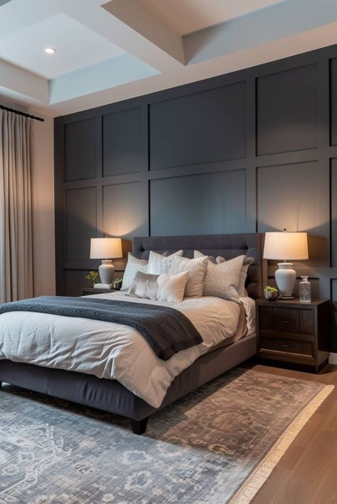 Dark Panel Wall Bedroom, Master Bedrooms Modern Design, Molding Bedroom Design, Bedroom Main Wall Ideas, Master Bedrooms Decor Accent Wall, Master Wall Design, Bedrooms With Paneling, Wall Wood Paneling Ideas Bedrooms, Black And White Walls Bedroom