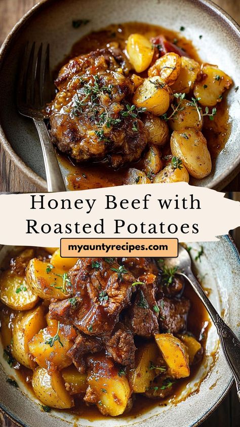 Indulge in a perfect blend of flavors with this honey-glazed beef and roasted potatoes. The tender, flavorful beef and crispy potatoes make a balanced meal with both sweet and savory notes. An easy-to-make, family-friendly dinner option for any night! Meat And Potatoes Dinner, Beef Potato Recipes, Meat And Potato Meals, Ground Beef And Potatoes Recipes, Honey Beef, Potato Meals, Meat And Potatoes Recipes, A Balanced Meal, Leftover Beef