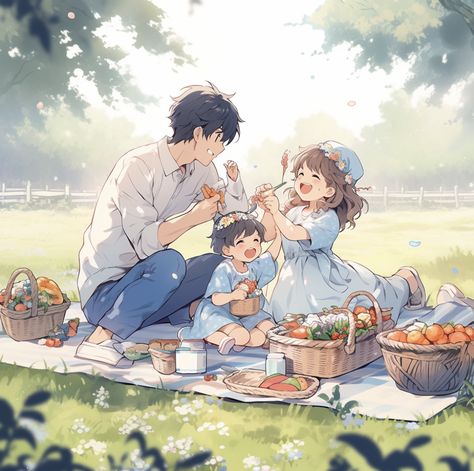 Family picnic father and kids Picnic Pose Reference, Family Illustration Art Aesthetic, Father And Son Anime Art, Family Picnic Drawing, Picnic Drawing Reference, Family Reference Poses, Cute Anime Family, Picnic Reference, Anime Picnic