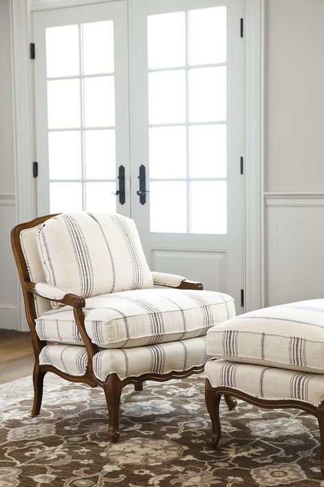 How to pronounce the word bergere -- plus 9 others you probably need brushing up on! Bergere Chair Living Room, Bergere Chairs, Island Stools, Bergere Chair, French Chairs, Chair Upholstery, Striped Fabric, Classic Furniture, Ballard Designs