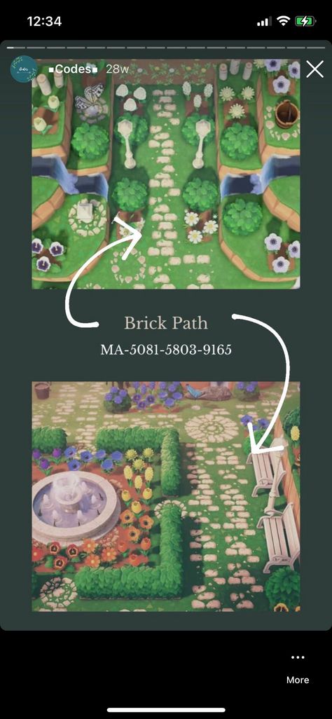 Acnh Flower Code, Cottagecore Decorations, Cottage Core Animal Crossing, Floor Pattern Design, Cottagecore Animal Crossing, Brick Pathway, Brick Path, Pathway Landscaping, Animal Crossing Qr Codes Clothes