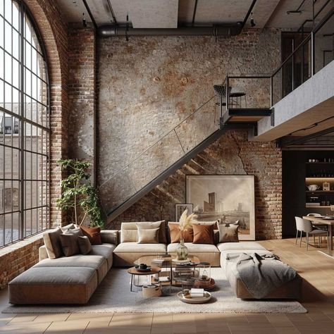 New York Loft Apartment Industrial, Swedish Style Living Room, Industrial Scandinavian Interior, Eclectic Industrial Decor, Loft Decor Ideas, Loft Aesthetic, Industrial Living Room Design, Brick Living Room, Industrial Scandinavian