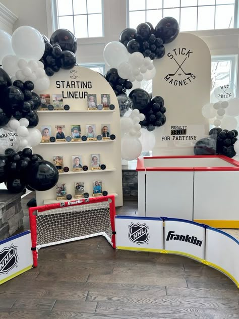 Hockey Party: A Celebration for Fans of All Ages. Decorate w/hockey sticks, pucks, & jerseys. Set up a mini hockey rink for a friendly game & offer hockey-themed snacks such as power play pizzas, hat trick hot dogs, and breakaway brownies. Encourage guests to wear their favorite team’s jersey and challenge each other to a friendly game of street/mini hockey. Send guests home w/hockey-themed favors like mini pucks, sticks, or water bottles. Hockey Themed Birthday Party, Hockey Party Ideas, Hockey Party Favors, Hockey Birthday Party, Hockey Birthday Parties, Pop Up Party, Hockey Decor, Hockey Party, Hockey Birthday