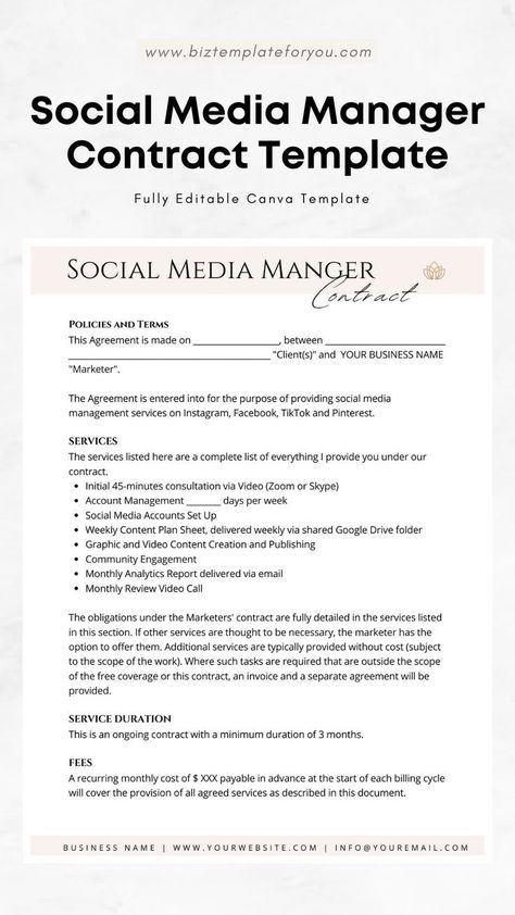 Editable Template for Seamless Social Media Manager Contract Social Media Checklist For Business, Social Media Manager Mood Board, Social Media Marketing Contract, Social Media Manager Onboarding Template, Social Media Manager Contract Template, Social Media Management Contract, Content Creation Packages, Social Media Manager Services, Social Media Management Tips