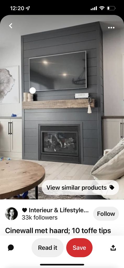 Black Fireplace With Grey Walls, Shiplap Fireplace Grey, Brick And Shiplap Fireplace With Tv, Shiplap Accent Wall With Fireplace, Matte Black Shiplap Wall, Dark Grey Fireplace Wall, Dark Gray Shiplap Fireplace, Dark Grey Shiplap Fireplace, Iron Ore Fireplace Mantle