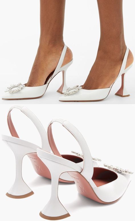 Block Slingback Heels, Designer White Heels, Heels Classy Elegant White, Designer Bridal Shoes, Amina Muaddi Wedding Shoes, Amina Muaddi Bridal Shoes, White Crystal Dress, Elegant Shoes Classy, Wedding Shoes Amina Muaddi