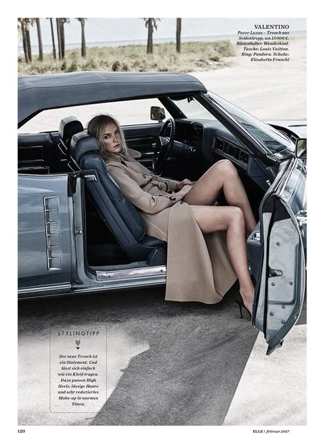 Posing in a car, Heather Marks wears Valentino trench coat and Elisabetta Franchi heels Heather Marks, Car Editorial, Classic Car Photoshoot, Haircut Selfie, Photo Hijab, Carros Vintage, Car Poses, Motor Mobil, Montero Sport