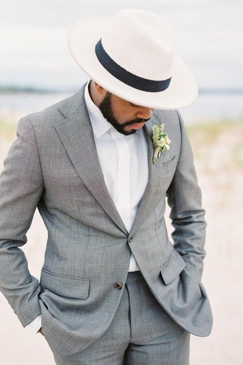 24 Men's Wedding Attire For Beach Celebration ❤ mens wedding attire grey with bouttonieres with hat jaket shanellphotography #weddingforward #wedding #bride Mens Wedding Attire Grey, Wedding Attire Guide, Elopement Shoes, Engagement Flowers, Beach Celebration, Attire Guide, Groom Wedding Pictures, Rooftop Venue, Carol Hannah