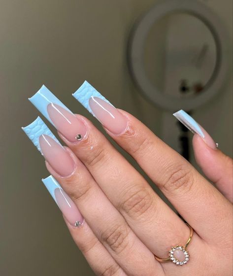 Blue Outline Acrylic Nails, Light Blue Tapered Square Nails, Blue Long French Tip Nails, Light Blue Medium Nails, Basic Baddie Nails Spring, Blue French Tip Nails Long, Long Square Acrylic Nails French Tip, Basic Baddie Nails French Tip, Long Light Blue Nails