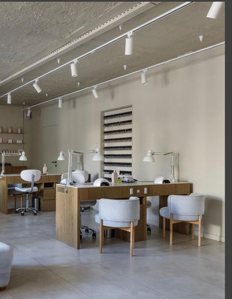 Nail Salon And Cafe, Minimal Nail Salon Interior, Industrial Nail Salon Design, Japandi Nail Salon, Earthy Nail Salon, Minimalist Nail Salon Interior Design, Industrial Nail Salon, Nail Shop Interior Design, Korean Nail Salon Interior